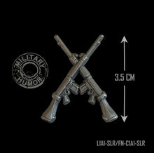 Load image into Gallery viewer, Military Humor - Crossed SLR's - 7.62 - Antique Silver  -Limited Edition - Pin Badge