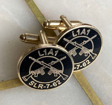 Load image into Gallery viewer, Military Humor - Military Gifts - Crossed SLR Cuff Links &amp; Pin Badge Offer - Veteran Gifts - Handmade Cuff links - Pin Badge