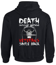 Load image into Gallery viewer, Death Smiles at Everyone Hoodie “Veterans Smile Back” Bold Military &amp; Veteran Hoodie