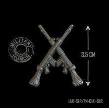 Load image into Gallery viewer, Military Humor - Crossed SLR&#39;s - 7.62 - Antique Silver  -Limited Edition - Pin Badge