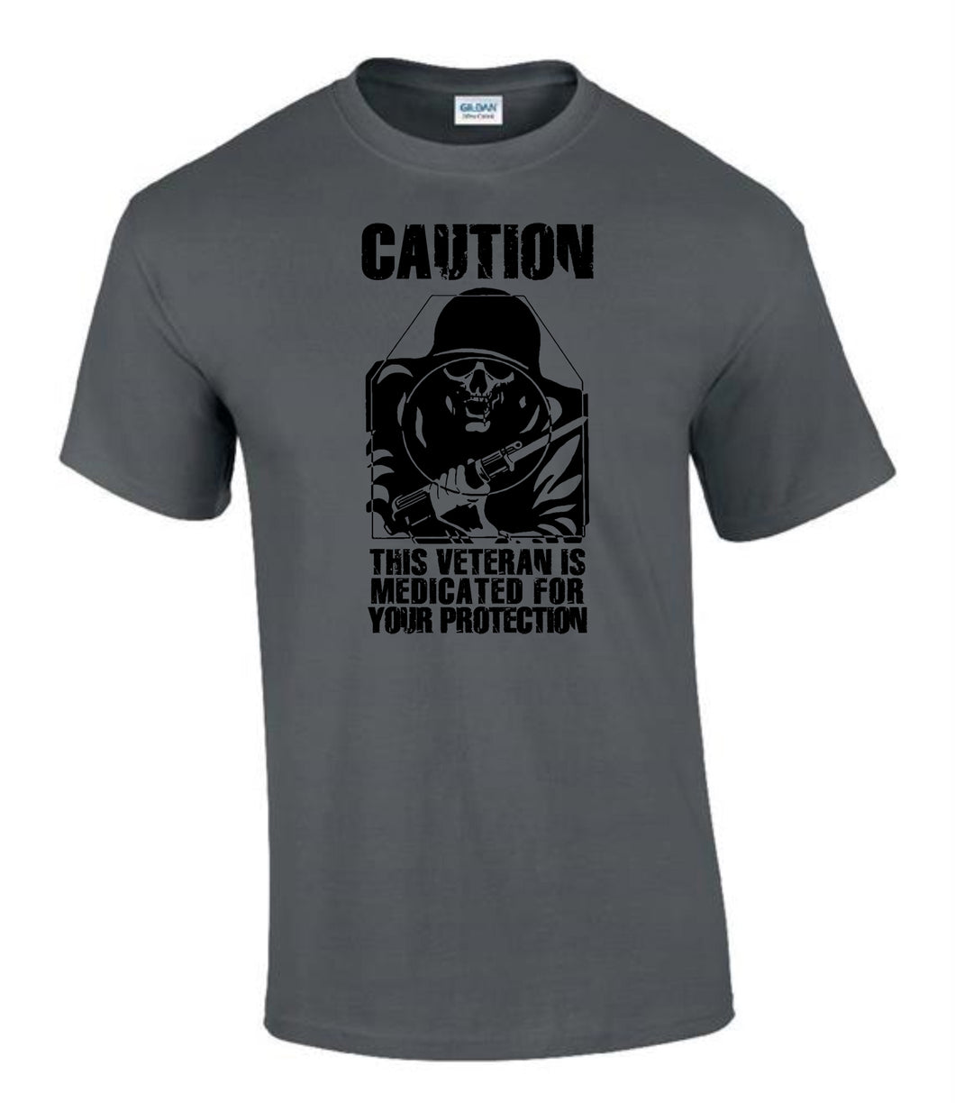Caution - Medicated Veteran - British Humour T-Shirts - British Gifts - Dad Gifts - Grandad Gifts - Offended
