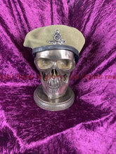 Load image into Gallery viewer, Life Size Skull Beret Hat Holder Cold Cast Bronze Statue Sculpture