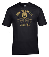Load image into Gallery viewer, sons_of_the_slr_t-shirt_l1a1_7.62_crossed_rifles_skull_front_design_UK